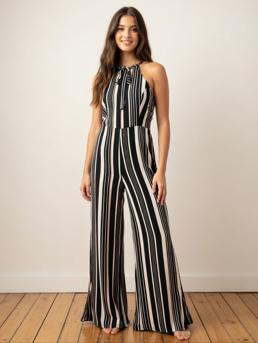 Women's Black & White Striped Halter Jumpsuit